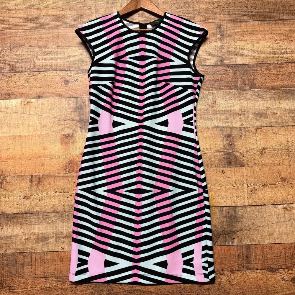 Maia Women Pink Blue Black Geometric Chevron Knit Sleeveless Sheath Dress Size 8